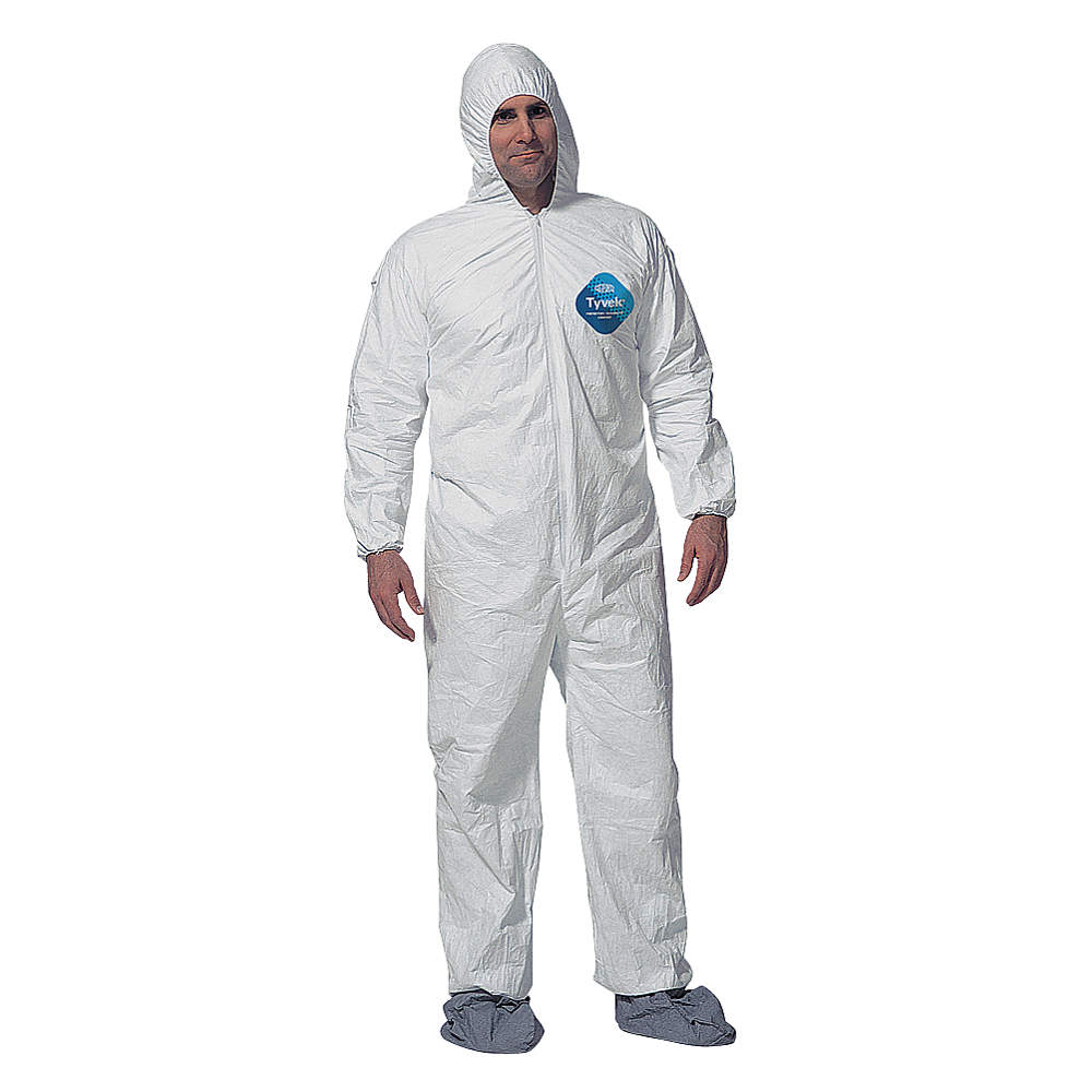 TYCHEM HOODED COVERALL XL 6/  WHITE W/ ATTACHED SOCKS,