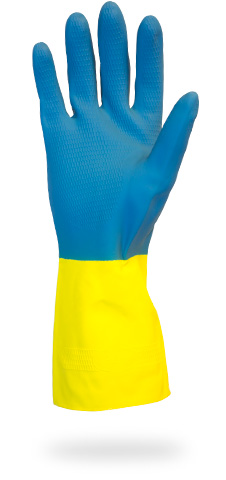 BLUE FLOCK LINED NEOPRENE OVER YEL LATEX LARGE GLOVE, 28MIL